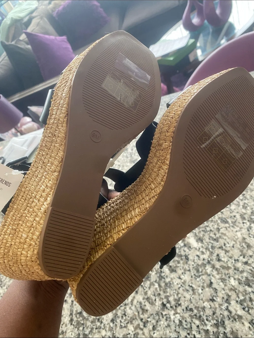 BAMBOO Black Wedge Sandals with Woven Platform